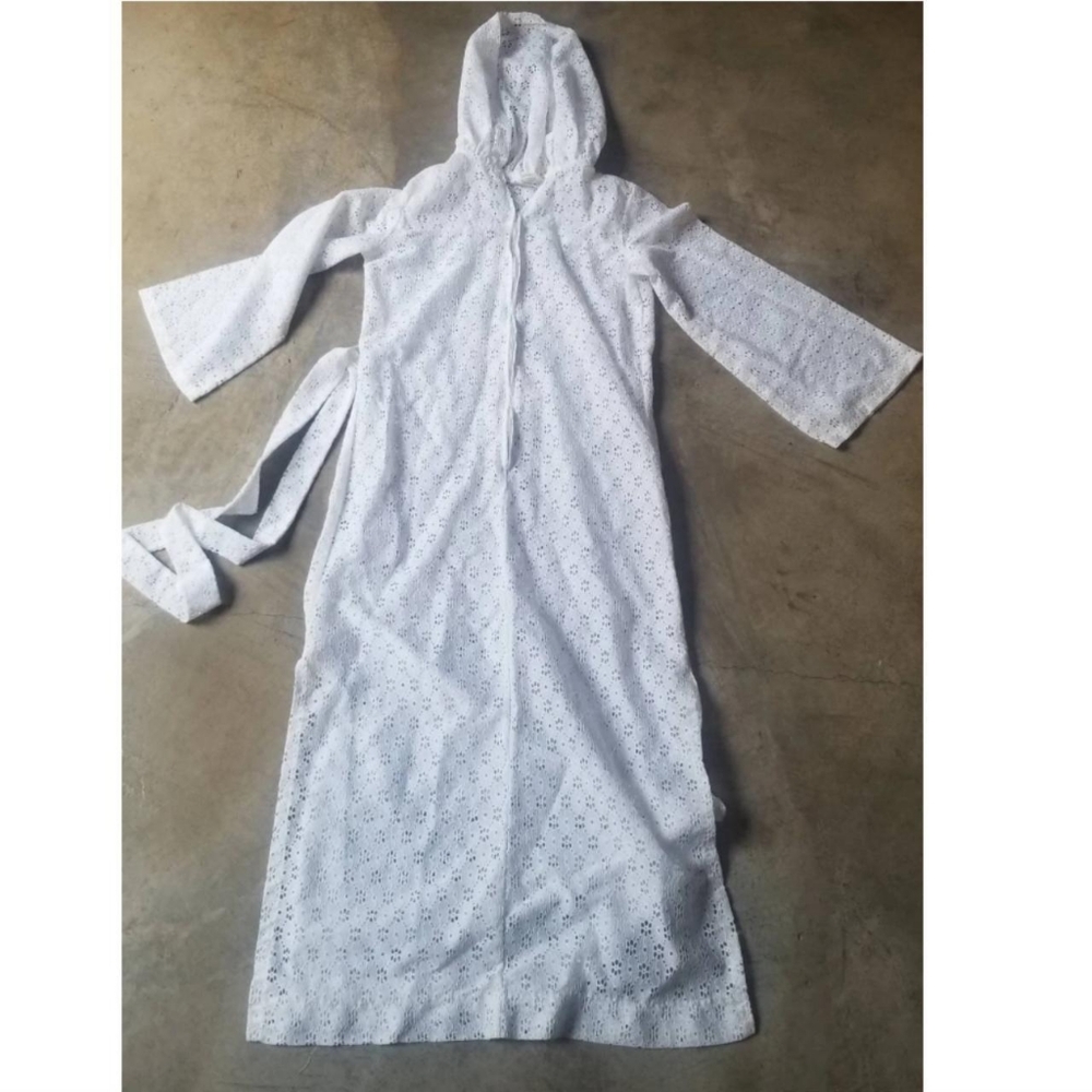 Vintage 70s White Eyelet Caftan Dress with Hood S M
